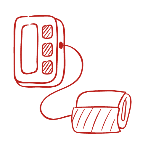 A red drawing of a blood pressure cuff and monitor showcasing Payson Walk-In Clinic primary care services.