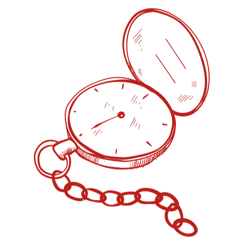 A red pocket watch with a chain representing ease, convenience, and walk-in care with no appointment needed.