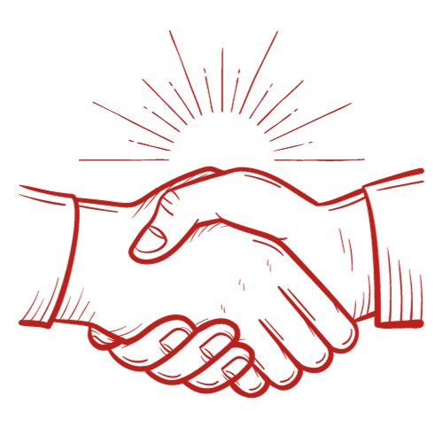 A red handshake with a sunburst in the background, symbolizes Payson Walk-In Clinic's commitment to transparent and affordable self-pay primary care.